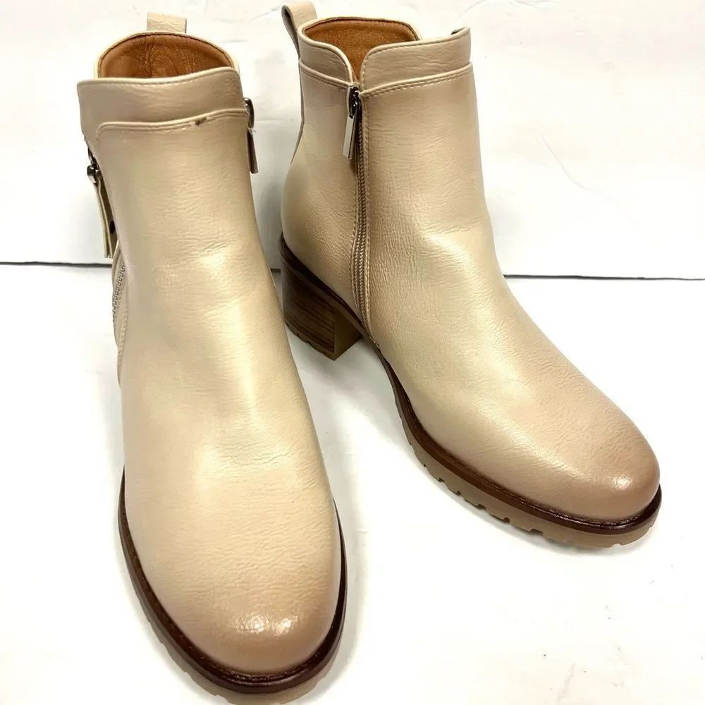 Women’s Cream Ankle Boots - Side Zip Low Block Heel